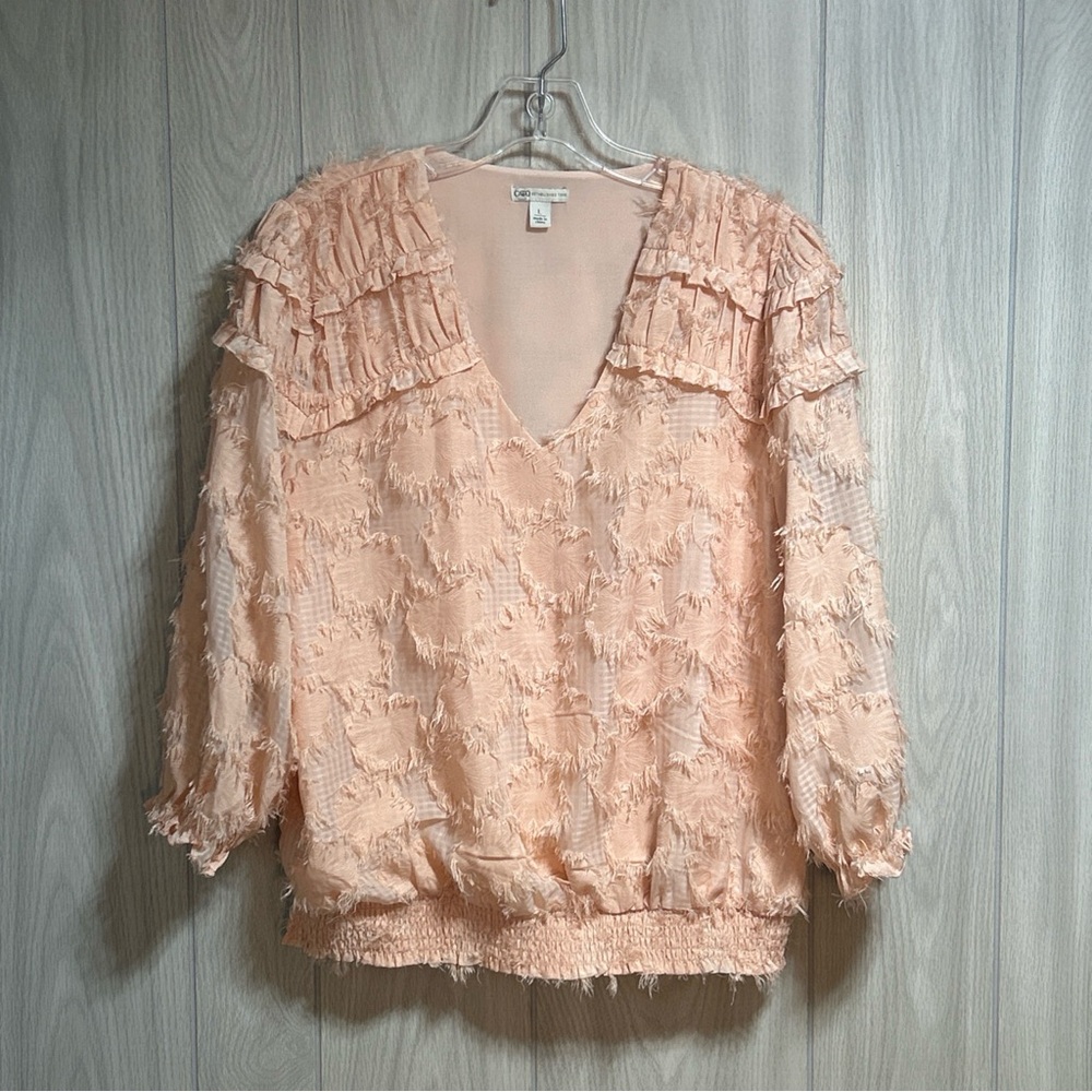 Cato V-Neck Peach 3/4 Sleeve Floral And Check Blouse Size Large